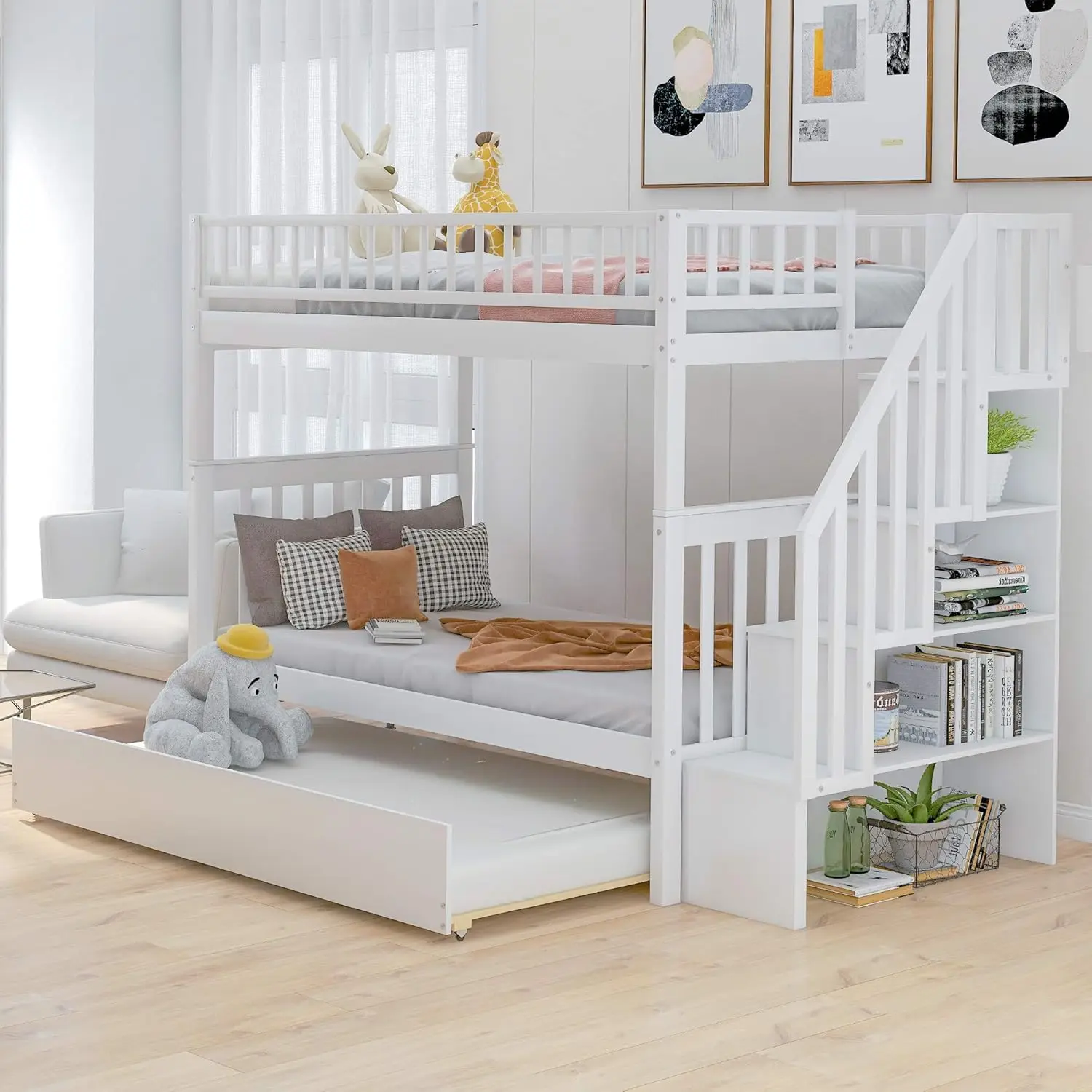 Litera doble de madera maciza con escaleras, cajones de almacenamiento, escalera, diseño moderno, niños, adolescentes, adultos, construcción robusta blanca