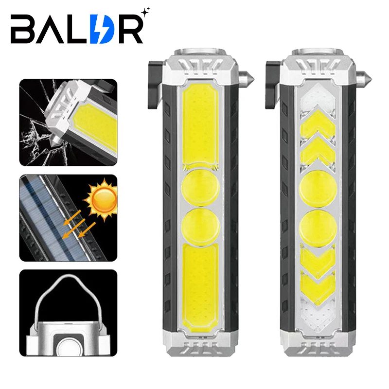 

Multi-function LED COB Repair Work Light Rechargeable Solar Flashlight with Magnet Hook Portable Car Safety Hammer Flashlights