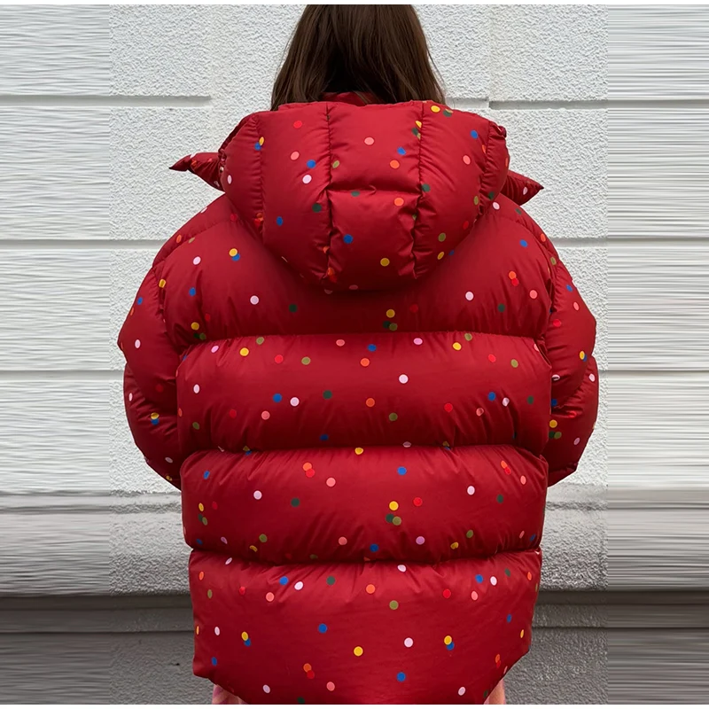 Polka Dot Padded Coat Color‑block Hooded Stand Collar Zipper Buttons Oversized Jacket 2026 Winter Women Warm Chic Casual Outfits