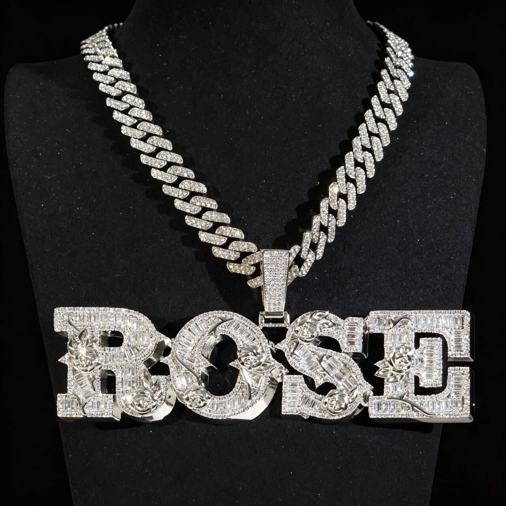 Custom Iced Out Cubic Zirconia Rose Thorn Letters Pendant CZ Diamonds Name Necklace Men Women Hip Hop Fashion Jewelry Party Gift