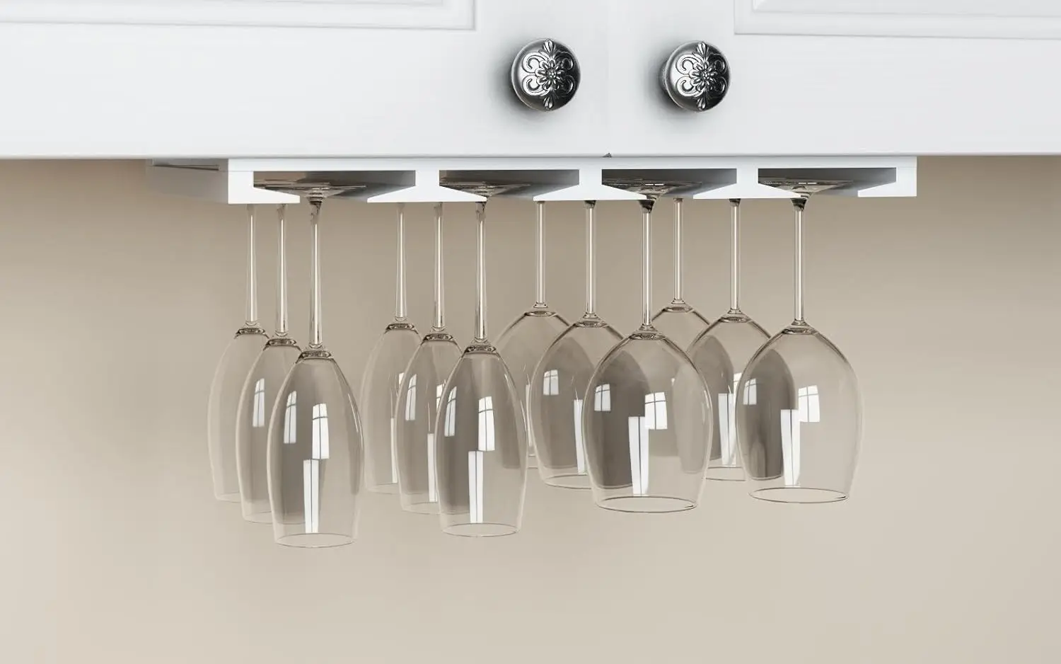 4-Section Under Cabinet Wood Stemware Rack, Hanging Shelf for 12 Wine Glasses, 10-Inch Deep White Organizer