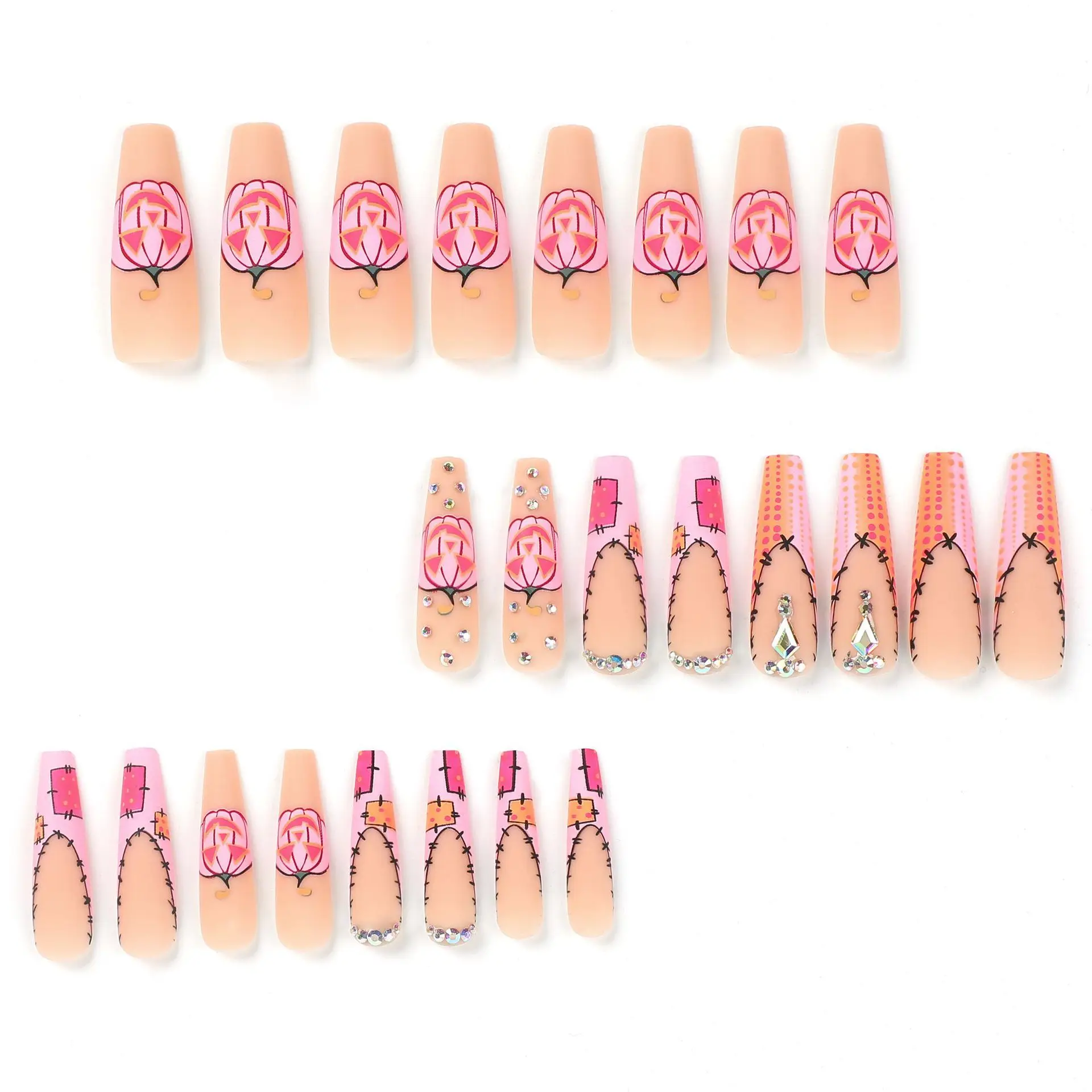 Faux ongles à pression pour Halloween, motif Aliments rose avec biscuits, longs 50 cercueil, 24 pièces/ensemble