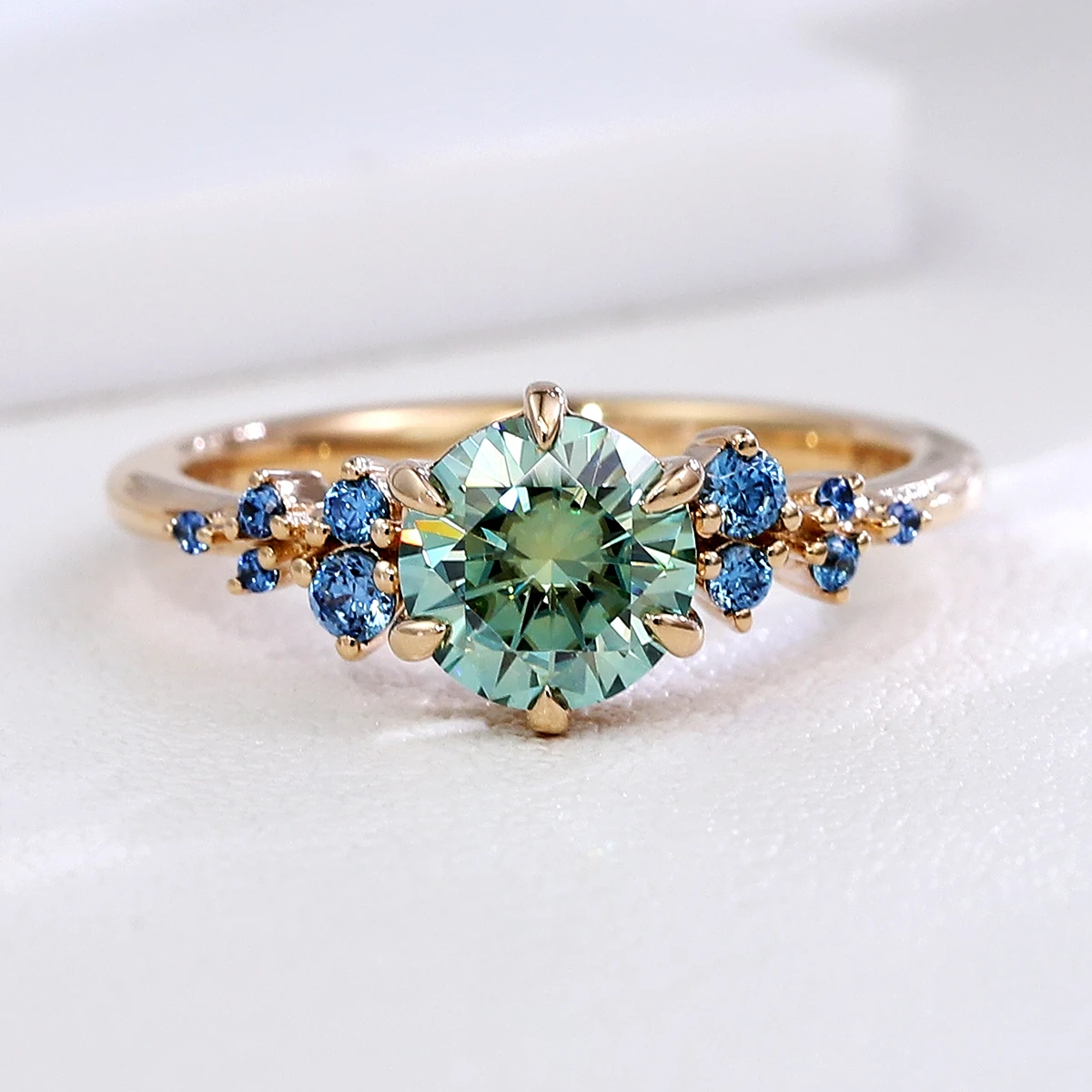 

10K/14K/18K уникальное небесное сине-зеленое кольцо с муассанитом с сапфировым кластером, винтажное массивное кольцо для индивидуального стиля