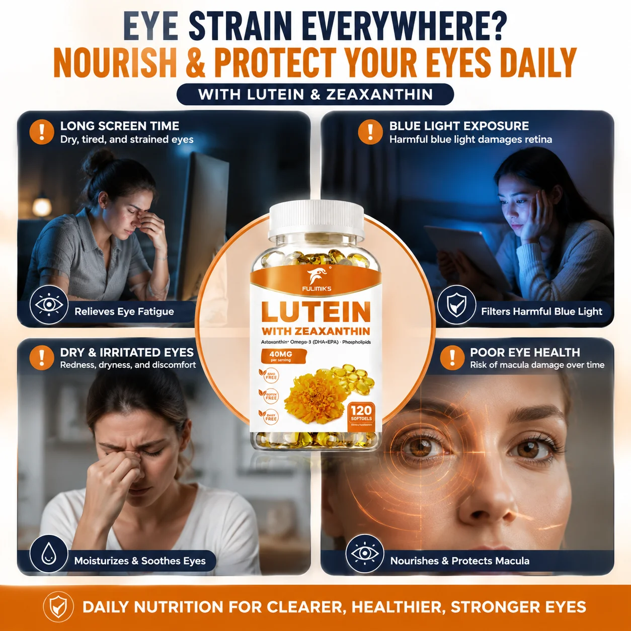 Lutein Zeaxanthin Softgels, with Astaxanthin Omega‑3 DHA EPA Phospholipids, Support Shield Blue Light Eye Strain Macula Retina
