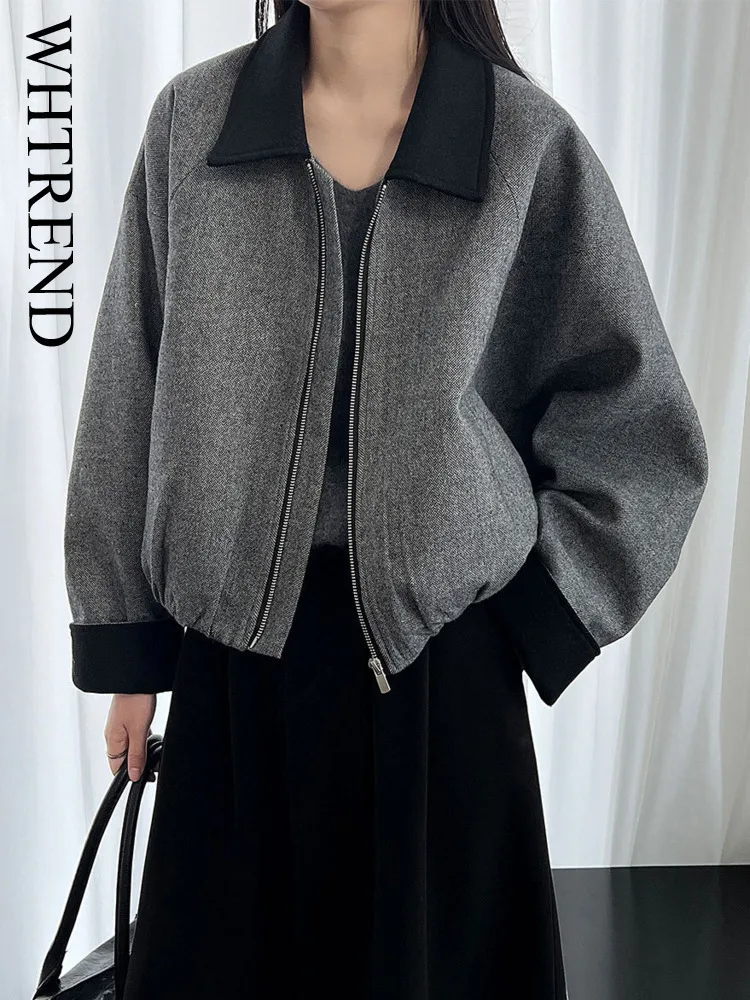 

WHTREND Короткая стеганая куртка с отложным воротником и цветными блоками для женщин, свободные шерстяные пальто, топ с хлопковой подкладкой, новинка зимы WH2068