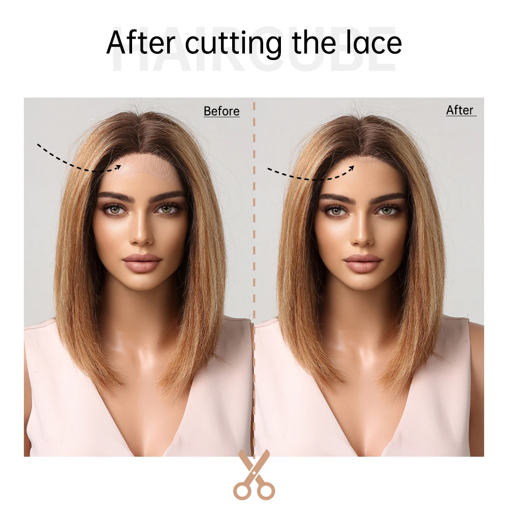 HAIRCUBE Honey Brown Human Hair Wigs for Women Straight Short Bob Lace Front Wigs Blonde Highlights Colored 13x1 T Part Lace Wig