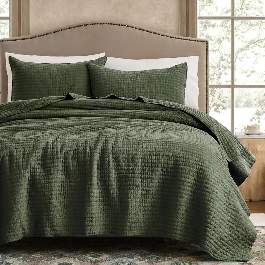 

100 Cotton King Size Quilt Set Olive Green Striped Pick Stitch Soft Lightweight Bedspread, Textured Like Linen, Farmhouse Countr