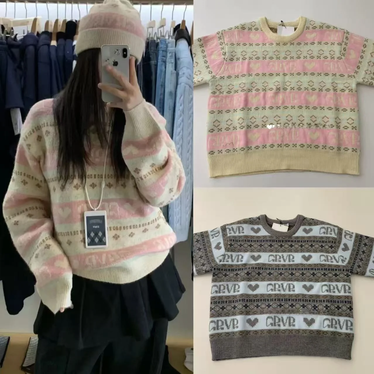 

Зима 2025: Новинка! Вязаный свитер с буквенным логотипом и узором в виде сердец, цветные блоки, базовый слой, простой свободный крой, круглый вырез, стандартная длина.