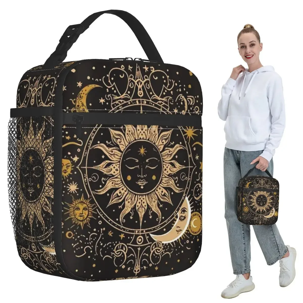 Boho Golden Crescent Moon And Sun Witch Insulated Lunch Bag for Women Office Cooler Thermal Food Box Tote Lunch Boxes Container