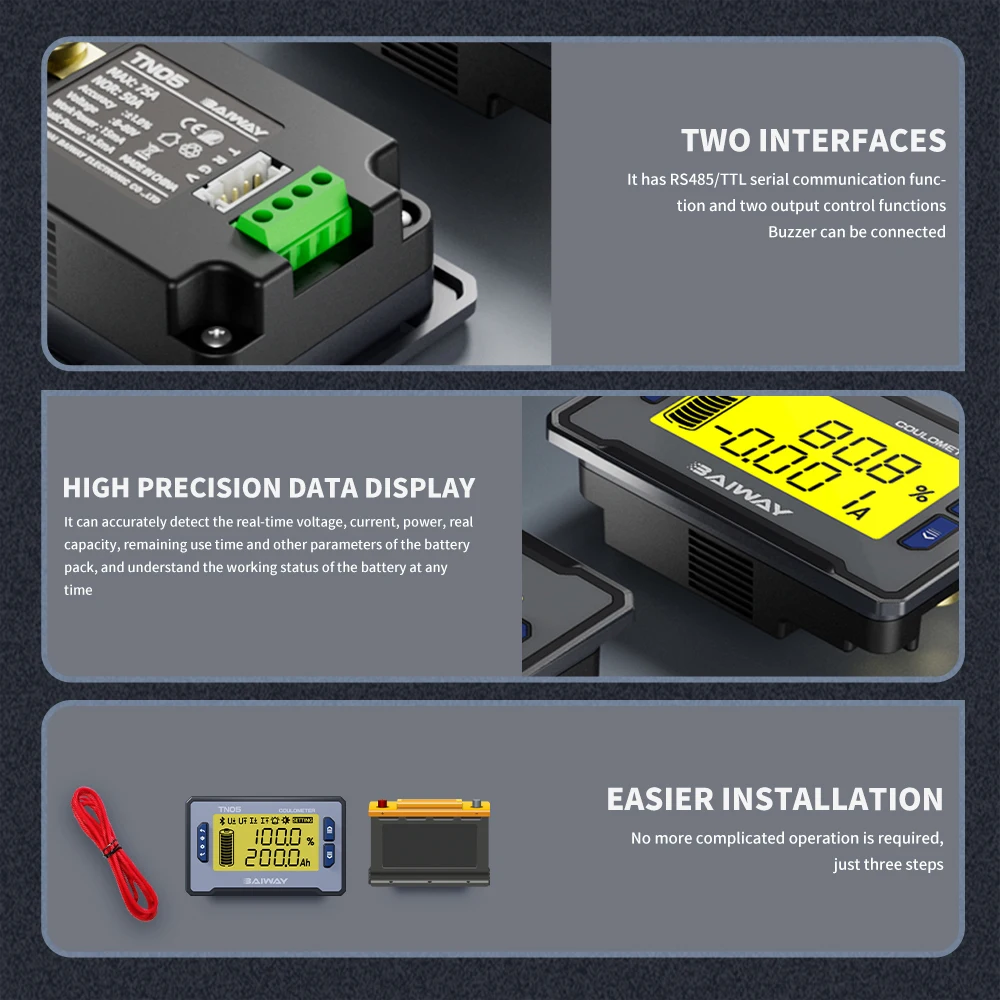 0-75A Battery Capacity Tester 8-80V Voltmeter Amperemeter Built In Sampling Precision Coulomb Meter TN05 Battery Level Indicator