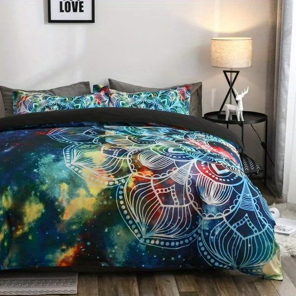 Space Starry Sky Background With Bohemian Style Disc Lotus Pattern 3D Stereoscopic Printing Effect Down Duvet Cover