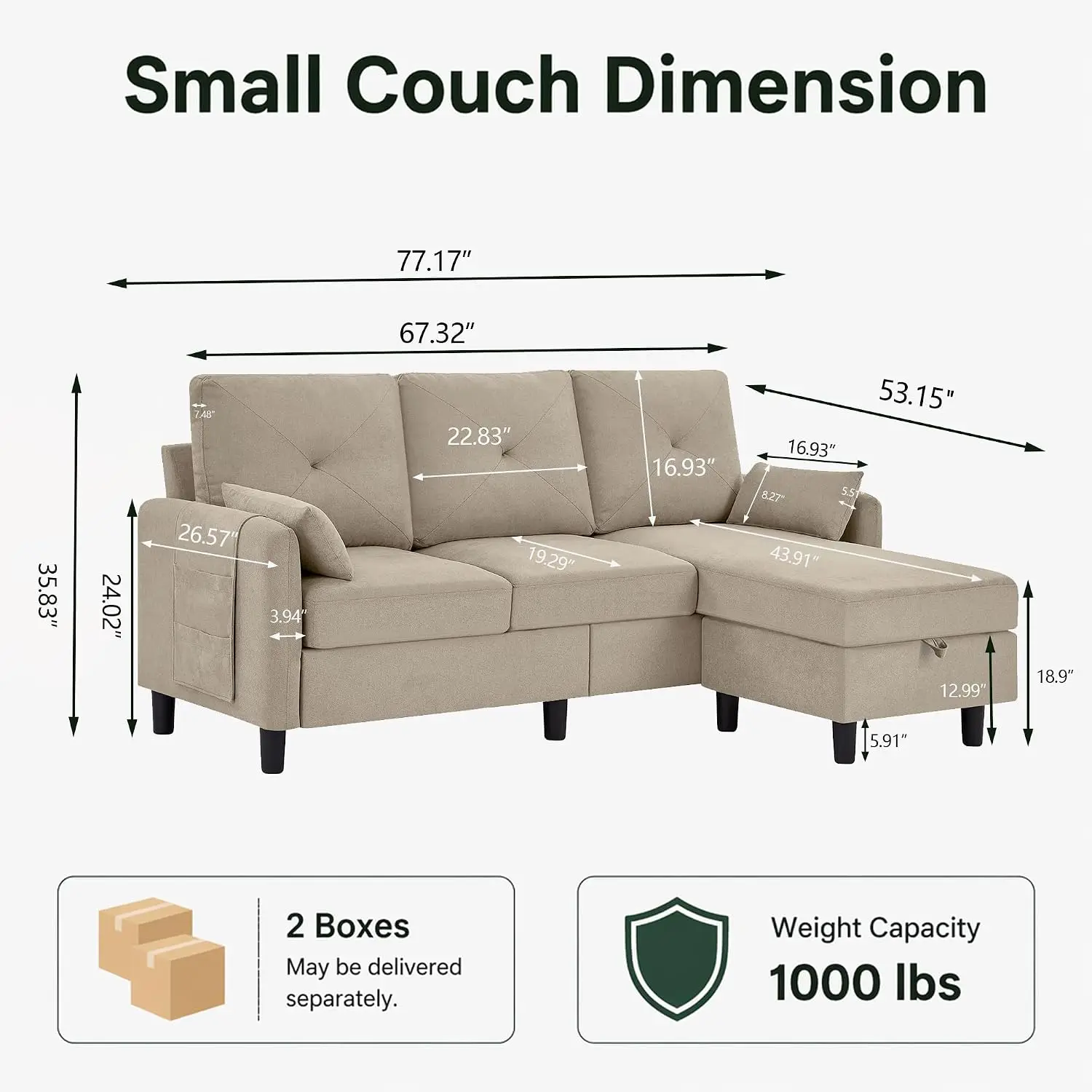 Convertible Sectional Sofa, Small L Shaped 3 Seat Couch with Reversible Storage Chaise, Modern Polyester Fabric, Customized