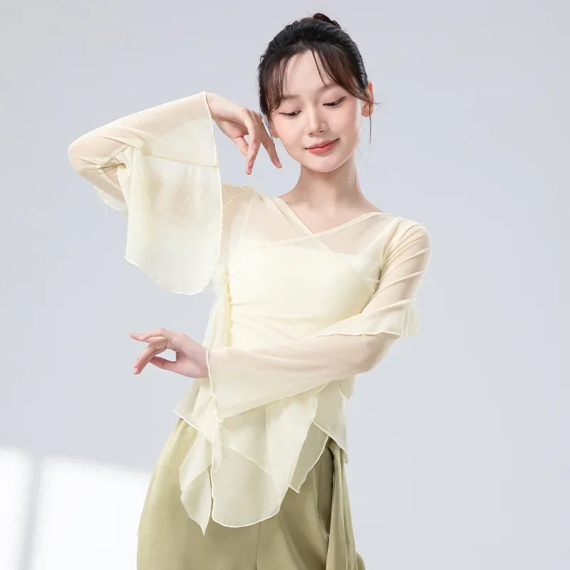 Classical Dance Gauze Mesh Top Women Flared Sleeve Sheer Shirt Training Flowy Body Rhyme Competition Tops Chinese Folk Dancewear