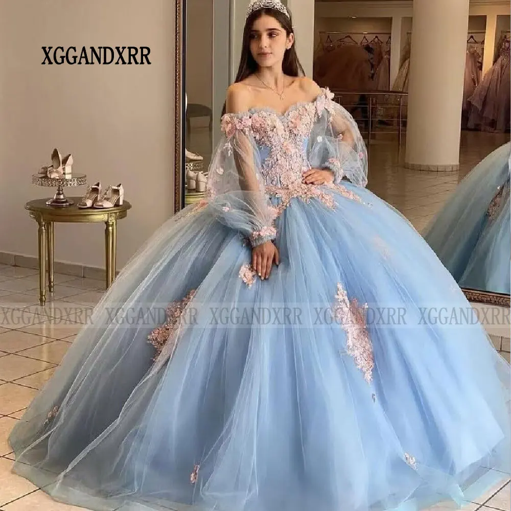 Sky Blue Shiny Sweetheart Quinceanera Dresses Appliques Flower Beads Tulle Puffy Sleeve Formal Dress 16 Years Old Vestidos De 15