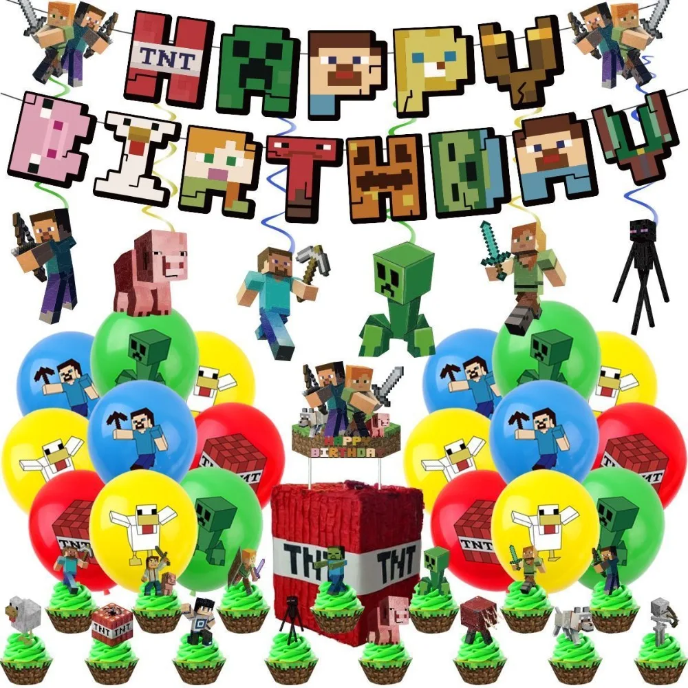Game Minecraft birthday party decoration pixel birthday cake decoration hanging banner balloon vortex TNT ball games