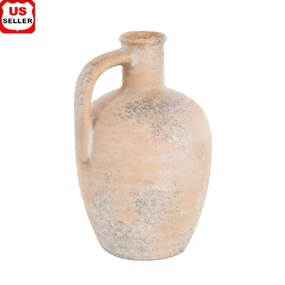 

Antique Style Distressed Beige Ceramic Vase with Handle Rustic Home Decor Dried Flowers Living Room Centerpiece Gift