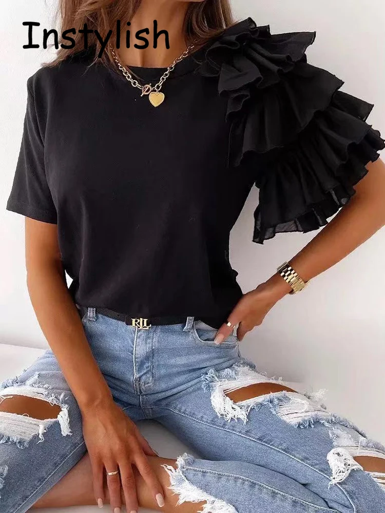 Elegant Mesh Ruffles Short Sleeve Loose T Shirt Casual O Neck Solid Basic Tops Vintage Chic Harajuku Streetwear Tee Shirt Blouse