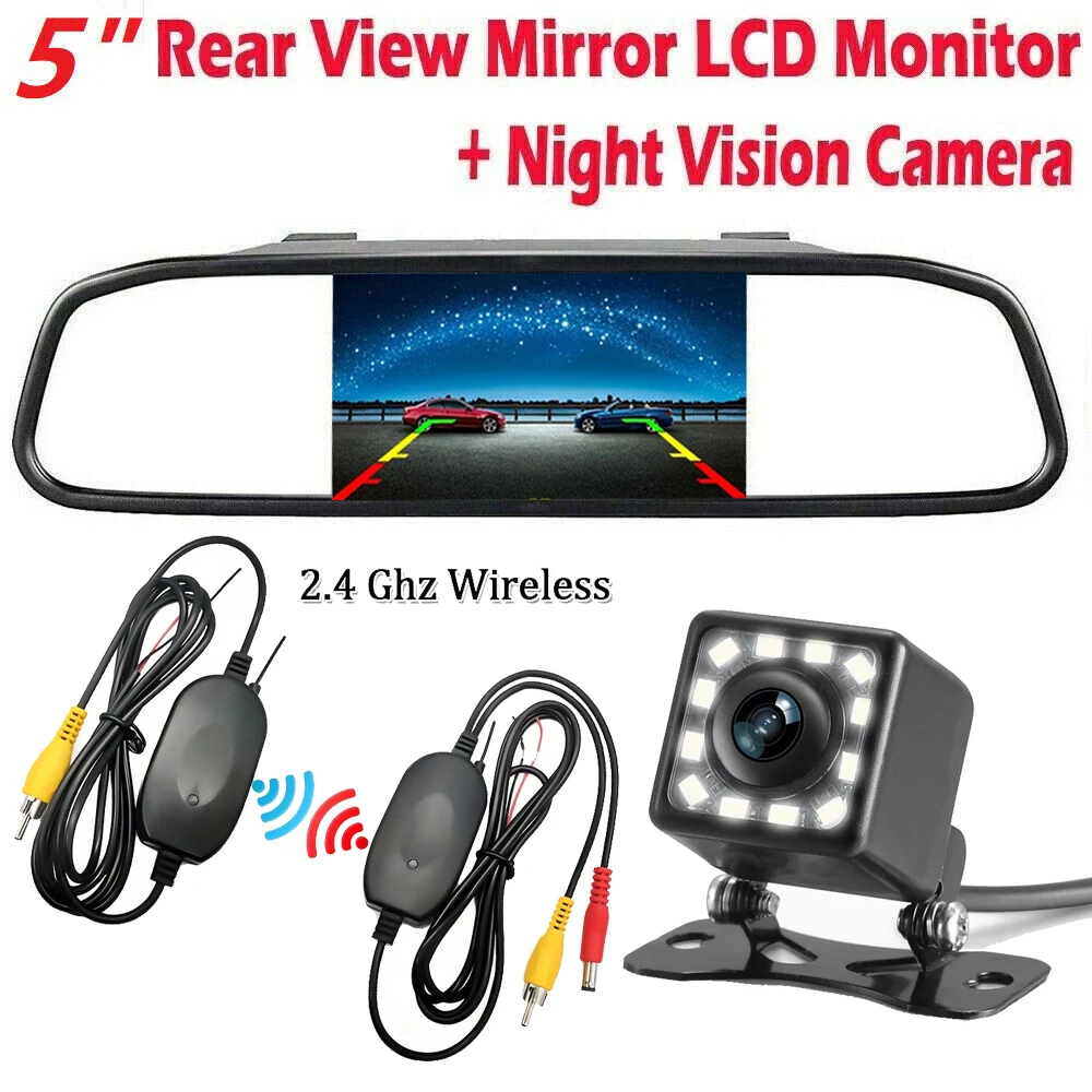 

Wireless 5 inch Rear View Mirror Monitor + Car Backup Camera Kit Night Vison Camera for Car, Pickup, SUVs, Vans