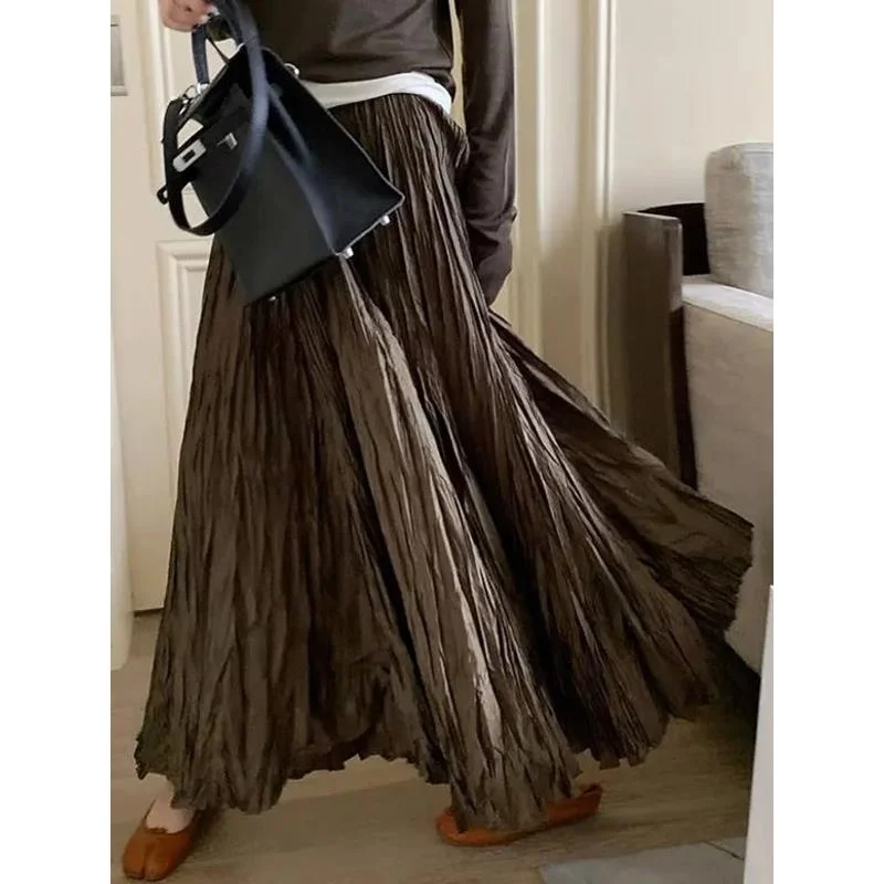 

Laid-ba Vintage High-End Pleated f-length Skirt Women's Spring Autumn Elastic Waist Draped A-line Long Skirt