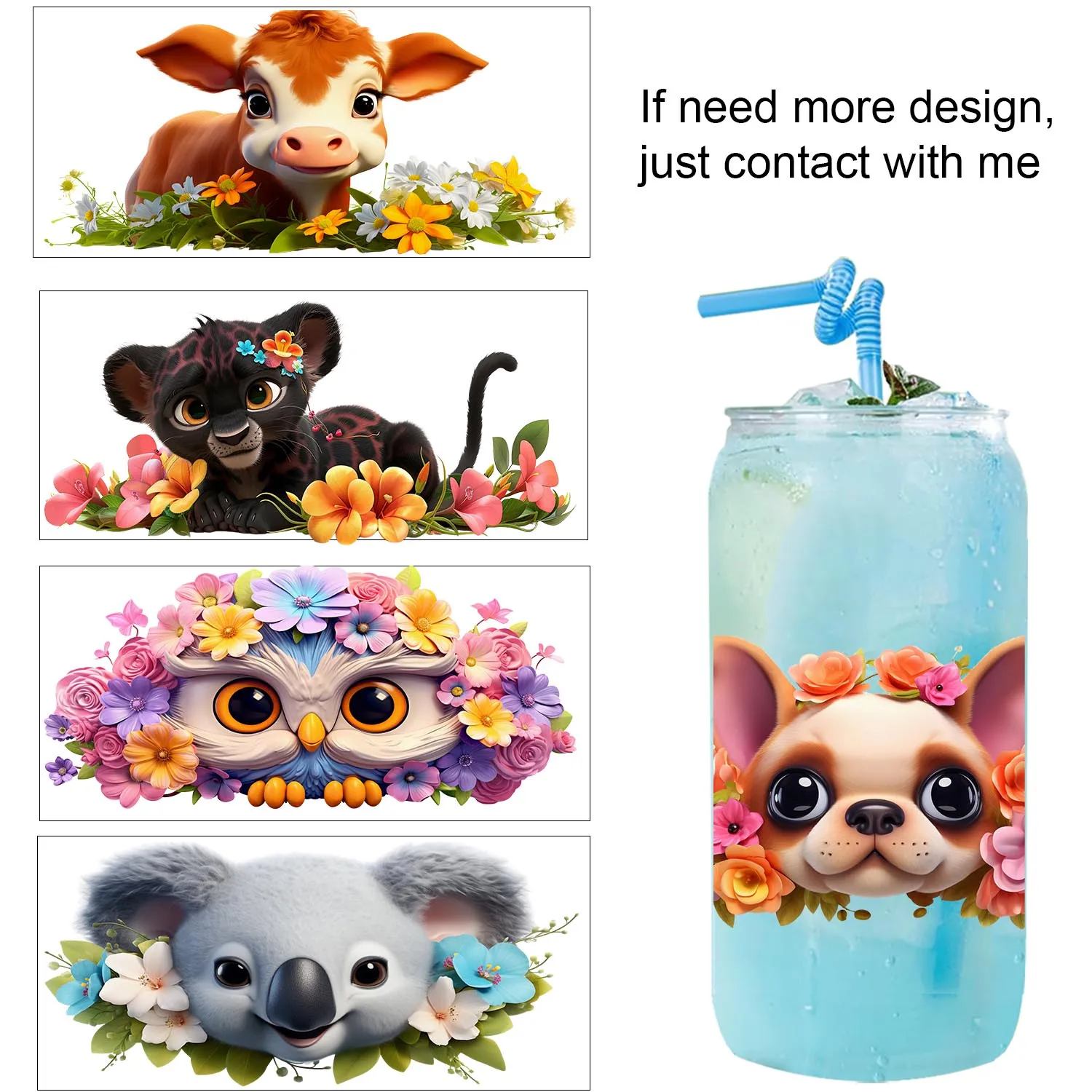 

Cute 3d animals and flower easy peel waterproof Party DIY Decals 3D transfers uvdtf tumbler seal stickers 16oz uv dtf cup wraps