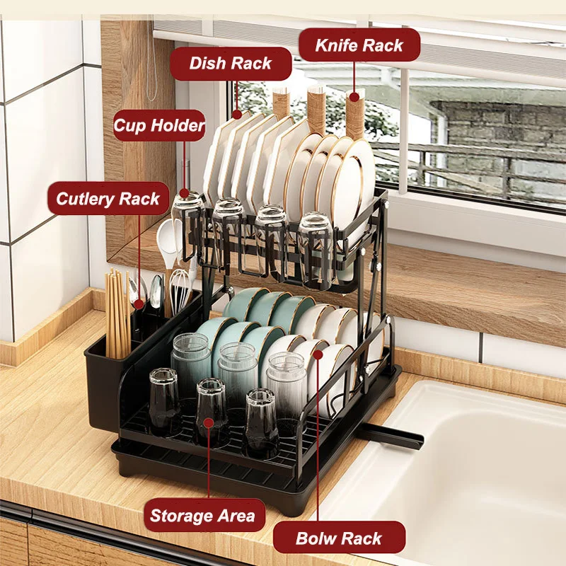 Dish Bowl Drainer Storage Rack Kitchen Double-ayer Sink Dish Drainer Drying Rack Organizer Cup Chopsticks Knife Fork Organizer