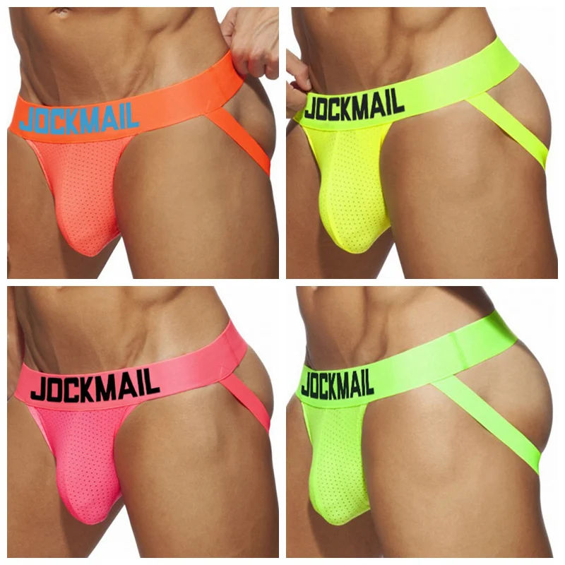 Jockmail Sexy Gay Underwear Men Thong Jockstrap G String Knitted Mesh Panties Mesh Nylon Low Waist Homme Backless Underpants