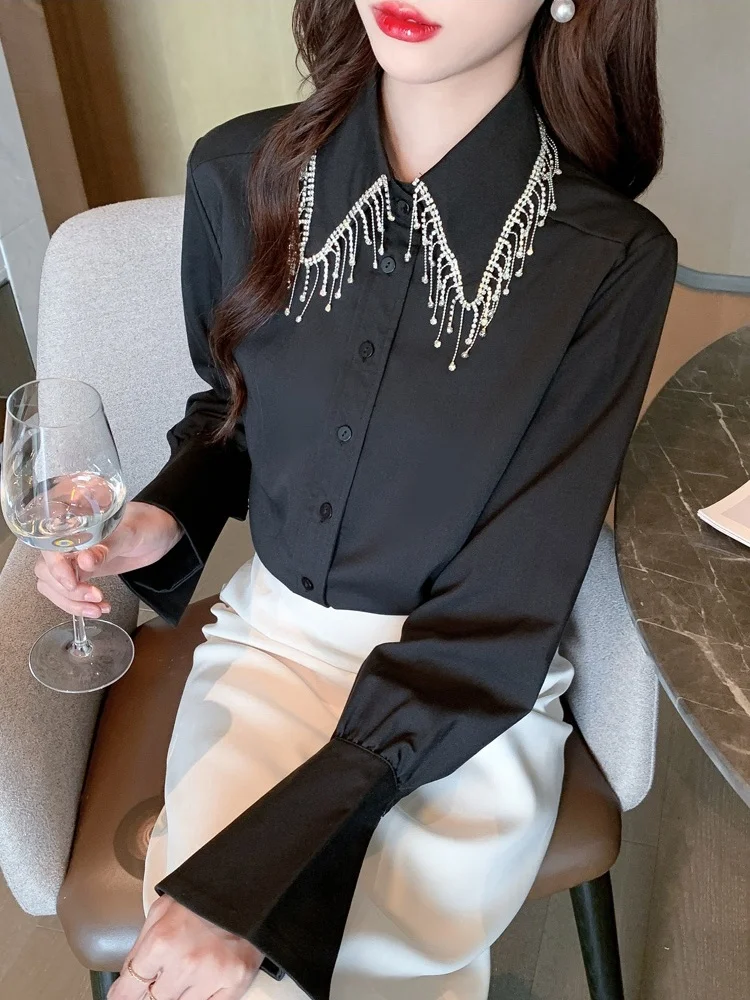 New Spring Fashion High-End Tassel Bead Shirt Light Luxury Chic Long Sleeved Top