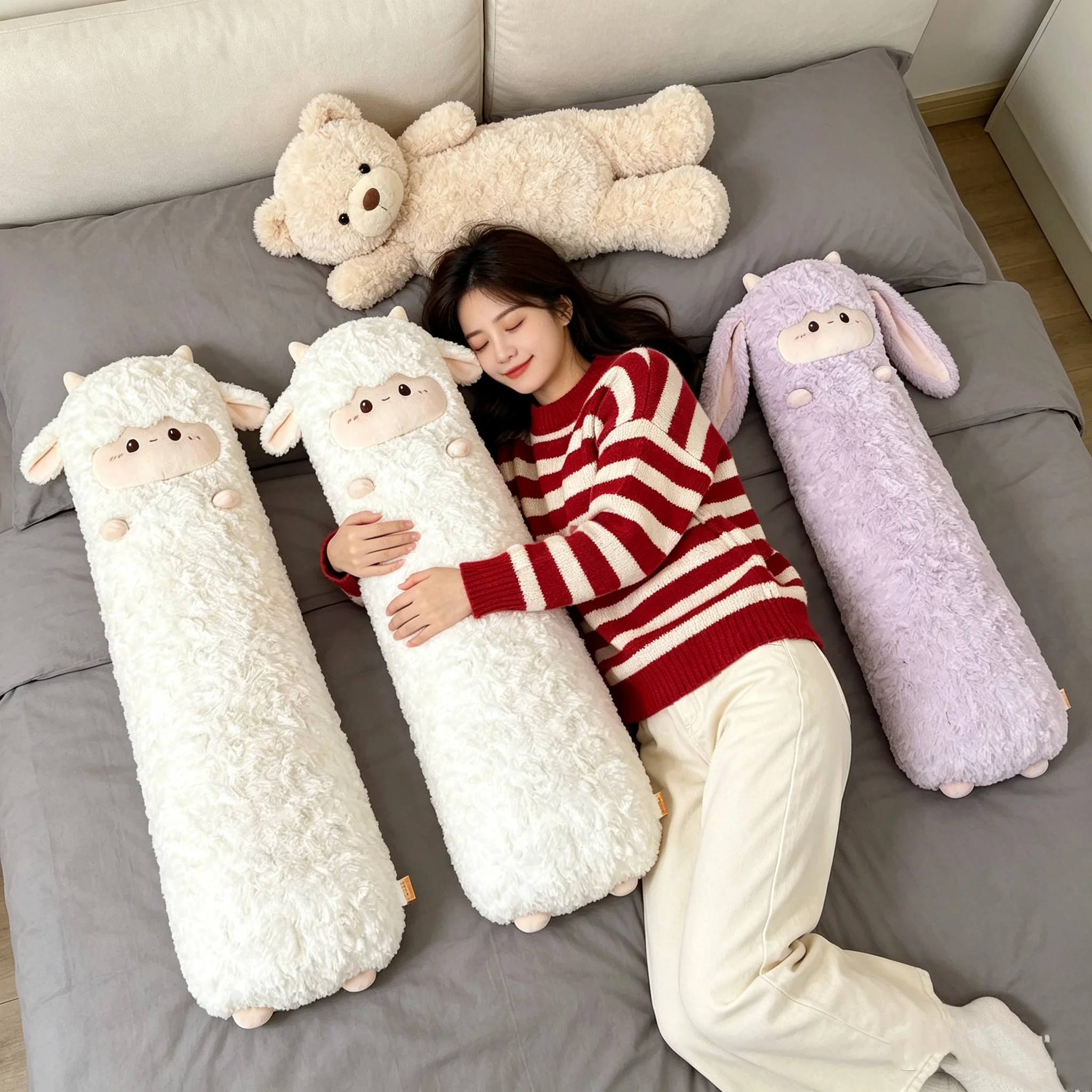 Cute Cartoon Sheep Long Body Pillow, Soft Fluffy Animal Bolster Plush Pillow, Stuffed Cylindrical Hugging Pillow for Bed Sofa Sl