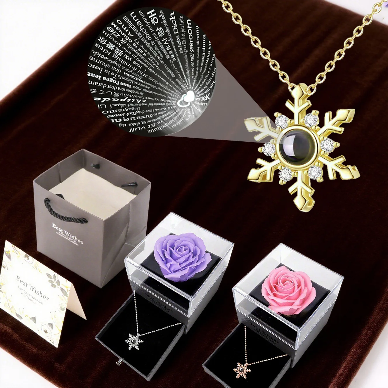 Luxury 100 Languages Projection Pendant Necklaces With Rose Gift Box For Women Girlfriend Mother Christmas Valentine Jewelry