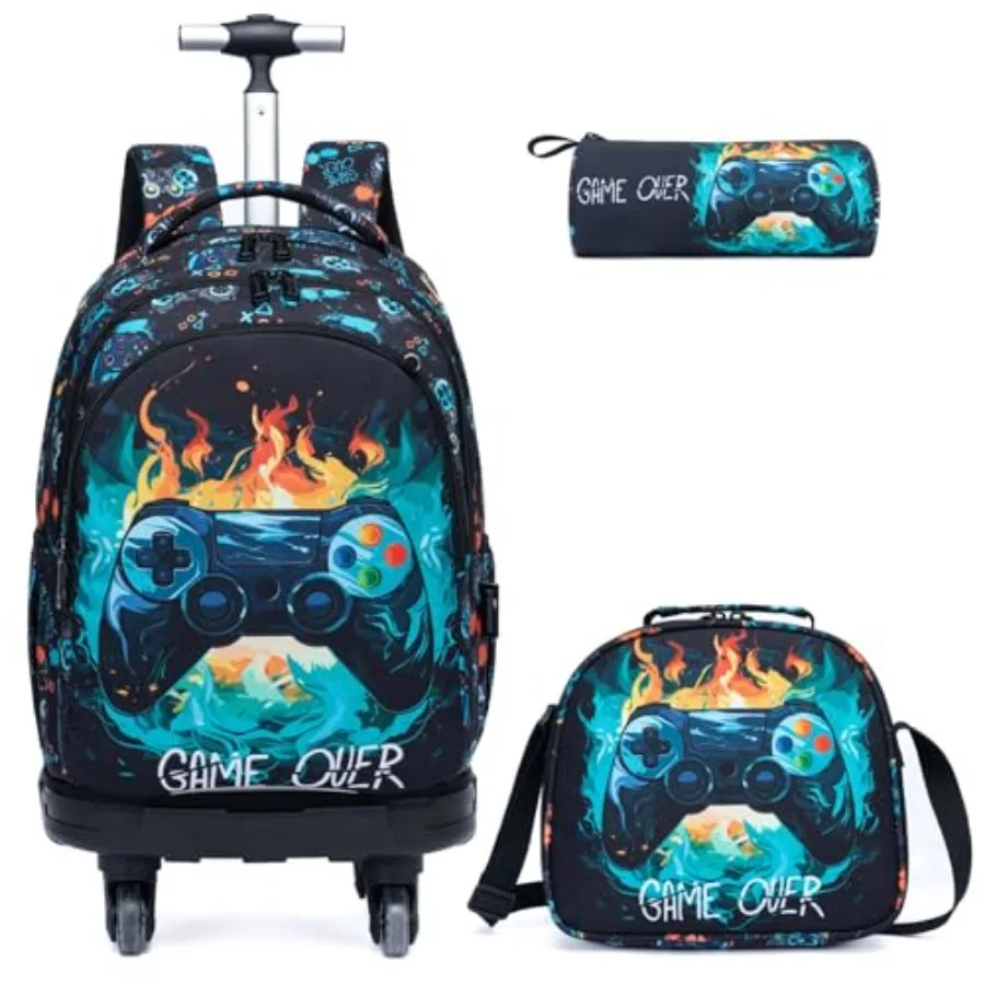 

Rolling Backpack for Boys Gamepad Suitcases Trolley Roller Luggage Backpacks with 360° Rotating Wheels 15" Laptop Lunch Box Pen