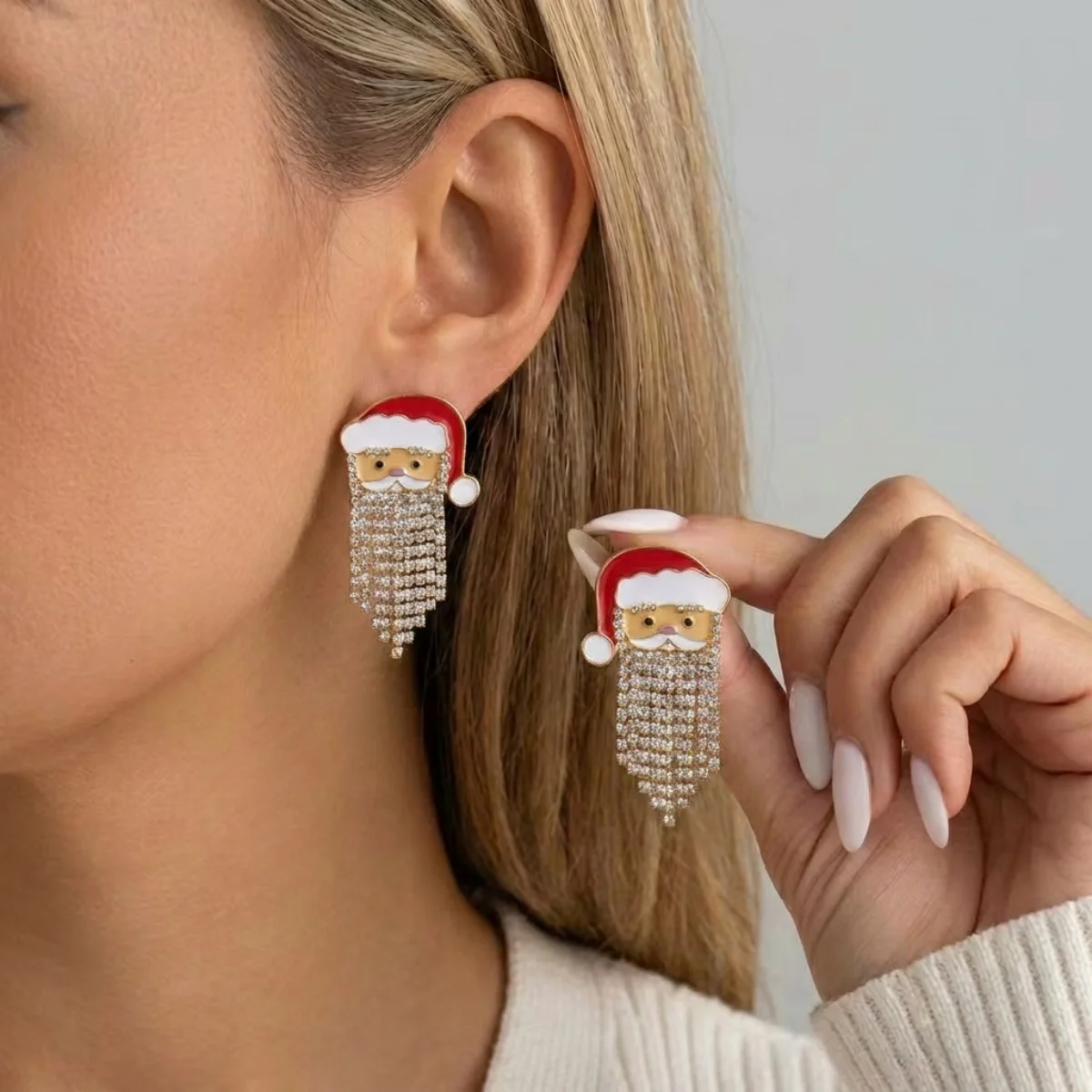 Kreative, niedliche Weihnachtsmann-Ohrstecker mit simuliertem Perlenquastenbart für Frauen, Strass-Weihnachtsmann-Ohrringe, Weihnachtsparty-Schmuck – Detail 21