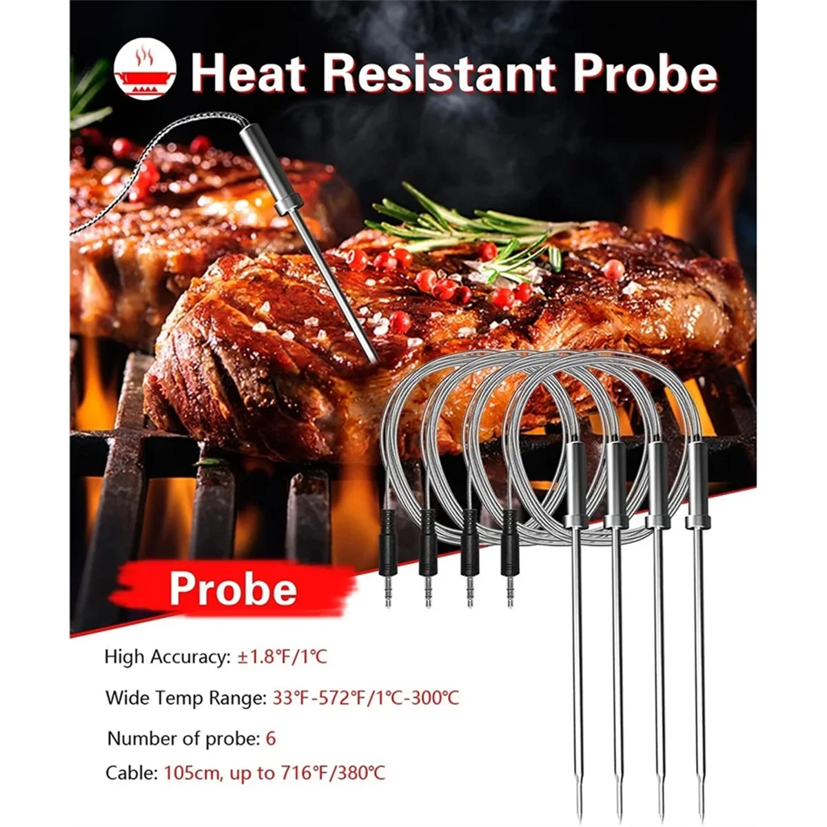 A25I Bluetooth Meat Food Thermometer Wireless Digital Grill Kitchen Thermometer with 4 Probes for BBQ Smoker Oven Cooking