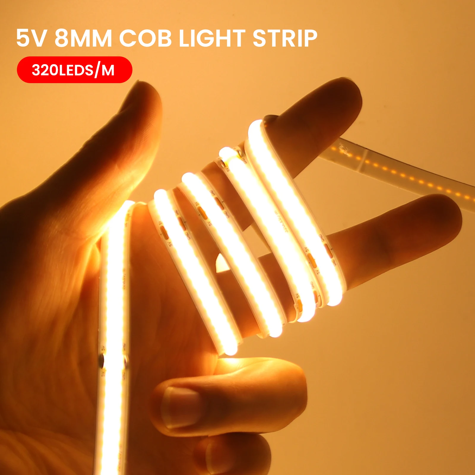 5V 3MM 5MM 8MM COB LED Strip Light 320LEDs/M Button Battery Powered Flexible Adhesive Tape Diode Lamp Cold Natural Warm White
