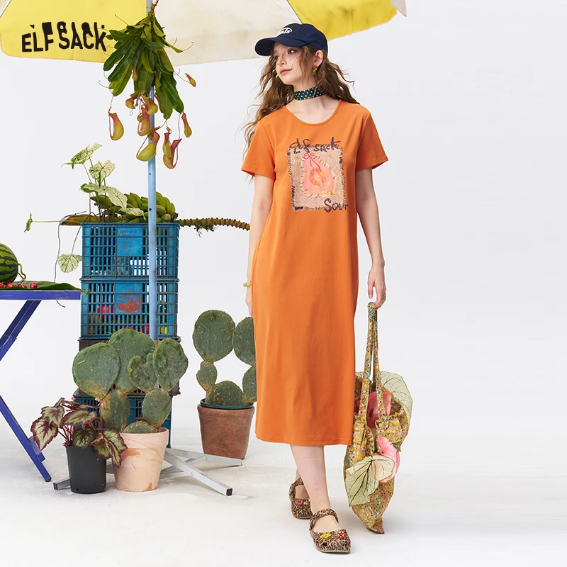 

ELFSACK Women's Midi Short Sleeve Dress with Fruit Art Print, Back Cutout Shirred Detail Crew Neck Loose Sundress for Summer