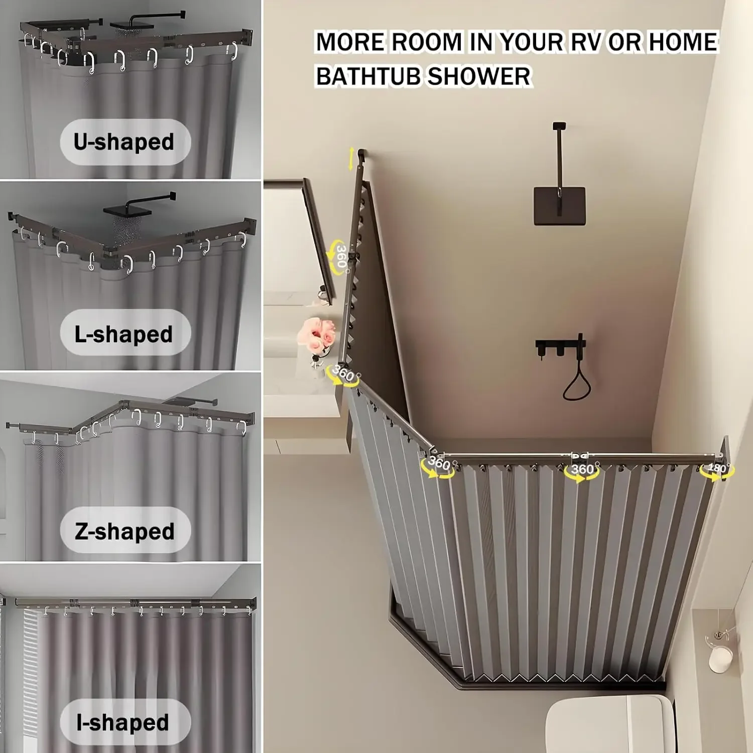 Premium Folding Shower Curtain Set - No Drill Retractable Invisible Partition, Waterproof Polyester Dry-Wet Separation