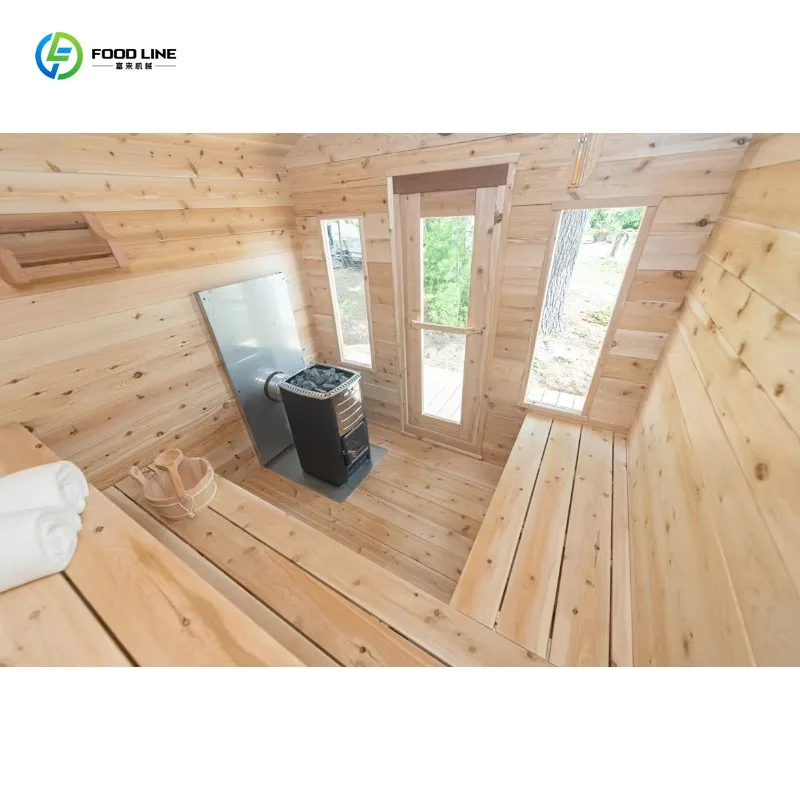 Customized Lake Log Sauna Cabin Canadian Wood with Chimney Rural Outdoor Spa Experience