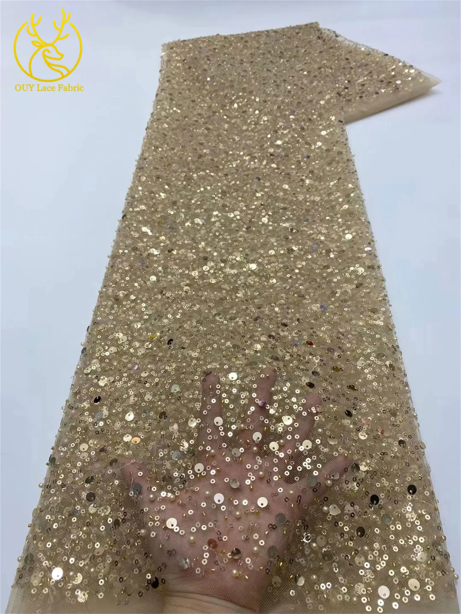 Rosa afrikanischer Tüll-Spitzenstoff mit Pailletten, 5 Yards, hochwertige nigerianische Perlen-Mesh-Spitze für Brautkleider, Hochzeitsfeiern und Näharbeiten. – Detail 23