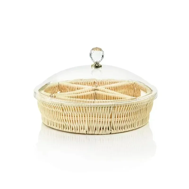 Jute Food Serving Tray With Acrylic Lid Highest Quality Round Shape Dry Fruits Serving Tray For Hotel Usage