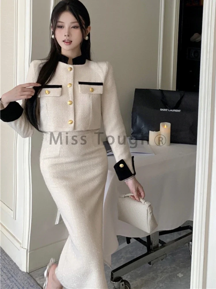 Autumn Winter French Vintage 2 Piece Set Women Korean Fashion Casual Party Suits Female Chic Long Sleeve Tops +Solid Skirt 2024