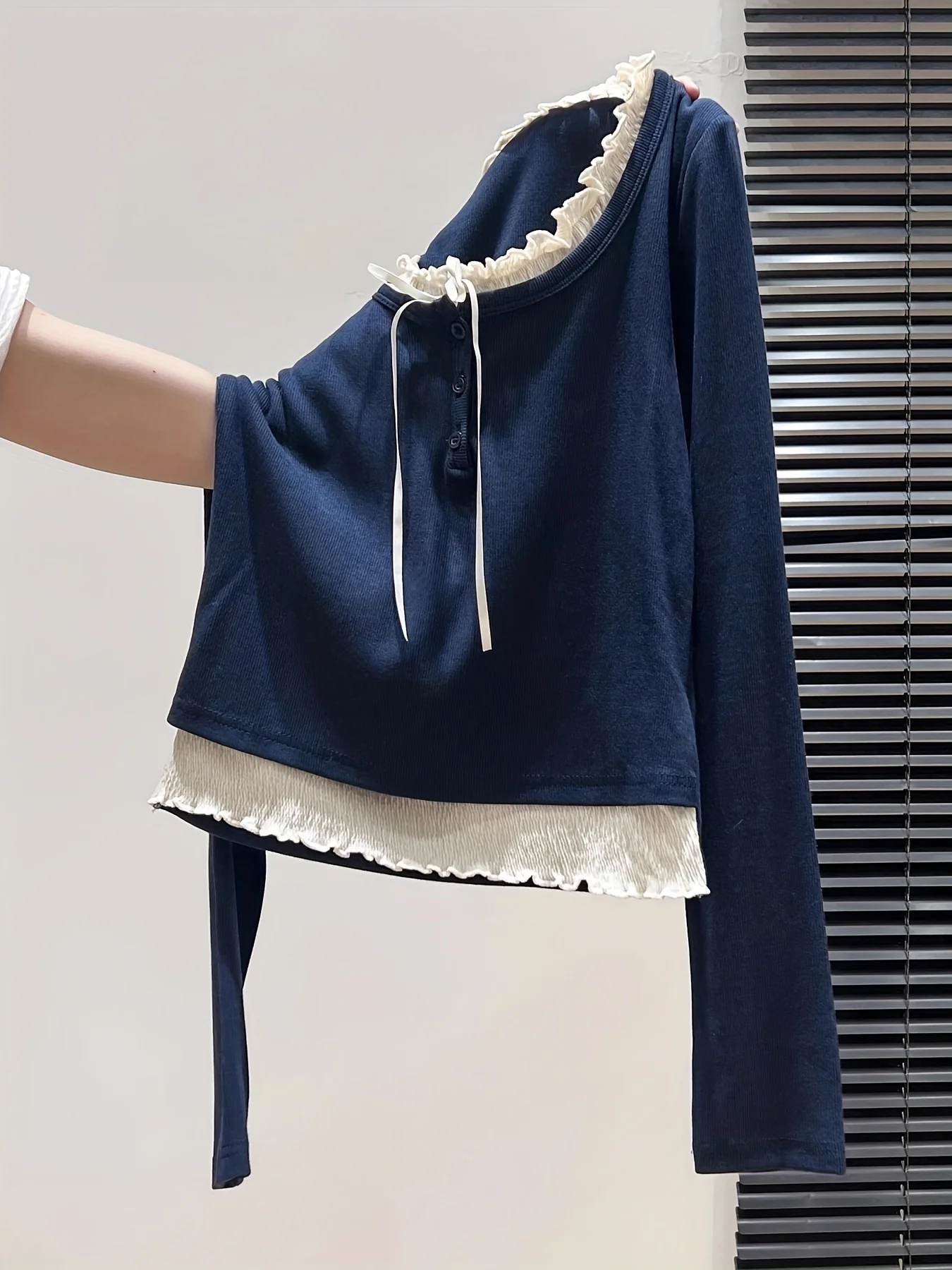 Women's Long-Sleeve T-Shirt with A Round Neck, Faux Two-Piece Design, Bow Tie, and Ruffled Hem view 5