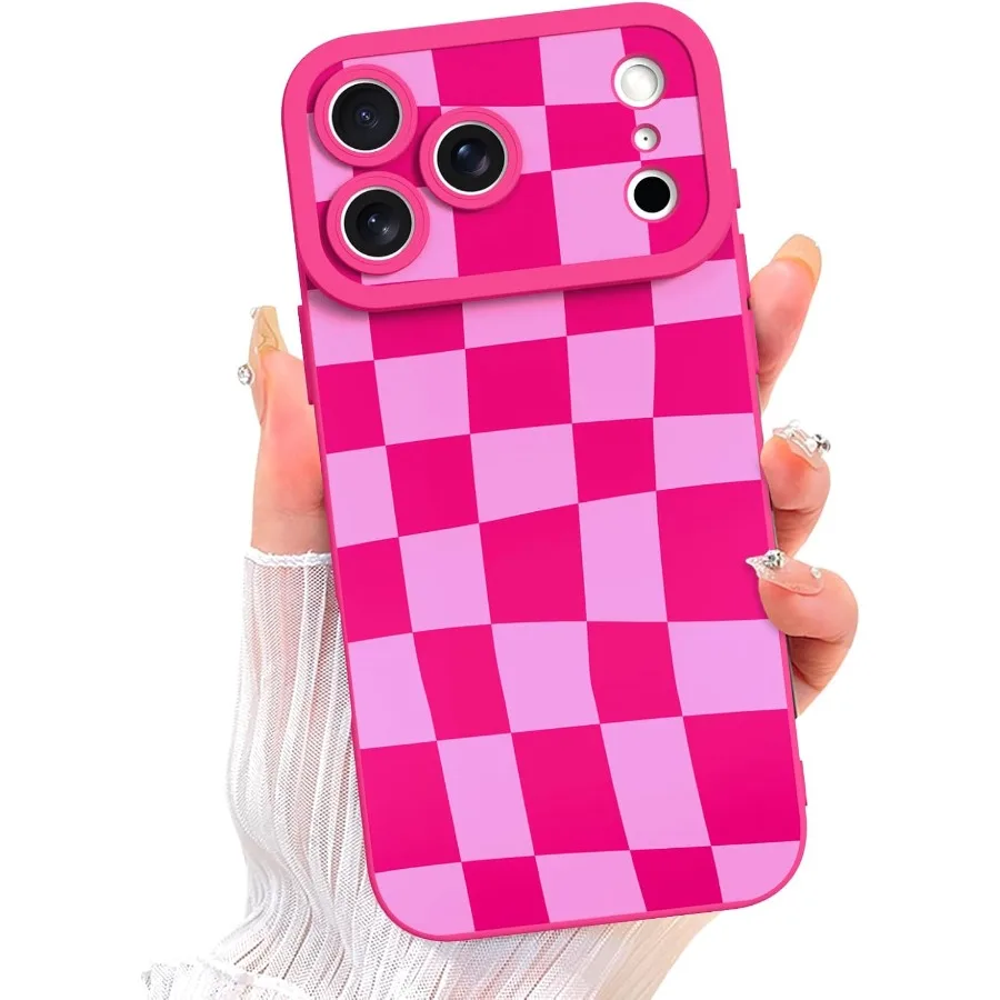 

Designed for iPhone 17 Pro Max Case Hot Pink Grids Plaid Checkerboard Pattern Phone Case with Camera Protection Soft