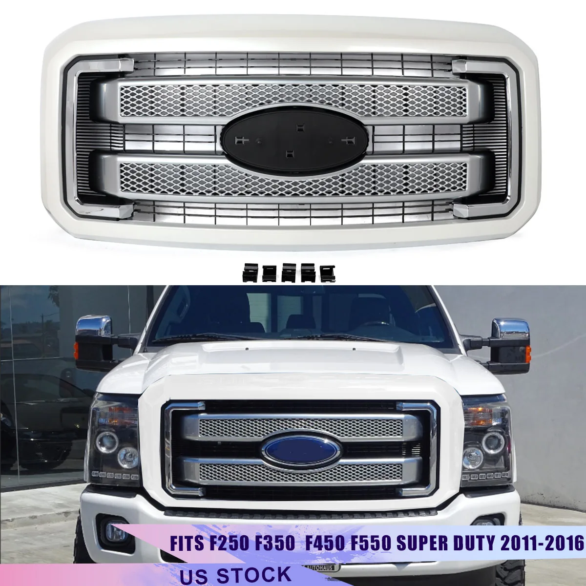 

White Platinum UG Modified Grill For Ford F250 Front Grille F350 F450 F550 Super Duty 2011-2016 Front Bumper Upper Racing Grille