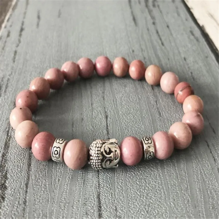 

8mm Rhodochrosite Buddhist Bead Bracelet Karma Trendy Stackable Women Unisex Unique Link Teens Prayer