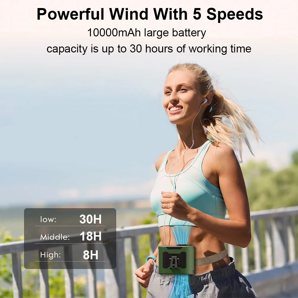 مروحة خصر محمولة للتخييم مع بنك طاقة إضاءة، مروحة رقبة صغيرة محمولة قابلة لإعادة الشحن عالية السرعة للتخييم في الهواء الطلق والسفر