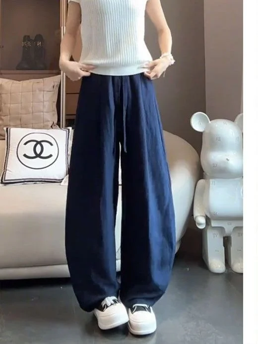  Linen Wide Leg Pants Women Summer Thin High Waist Slimming Belt Casual Balloon Long Trousers Versatile Draping Dark Blue