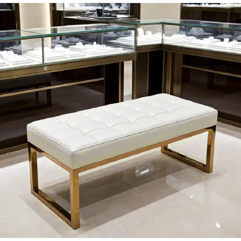 Handcrafted Button-Tufted Waiting Bench, Premium Gold/Brushed Metal Frame Stool for Luxury Watch & Jewelry Boutique