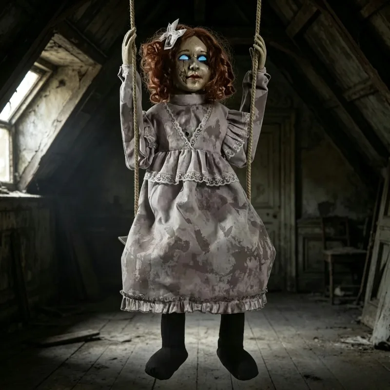 Halloween Terror Voice Control Swing Little Girl Clown Ghost Doll LED Light Sound Haunted House Ornament Party Decoration Props