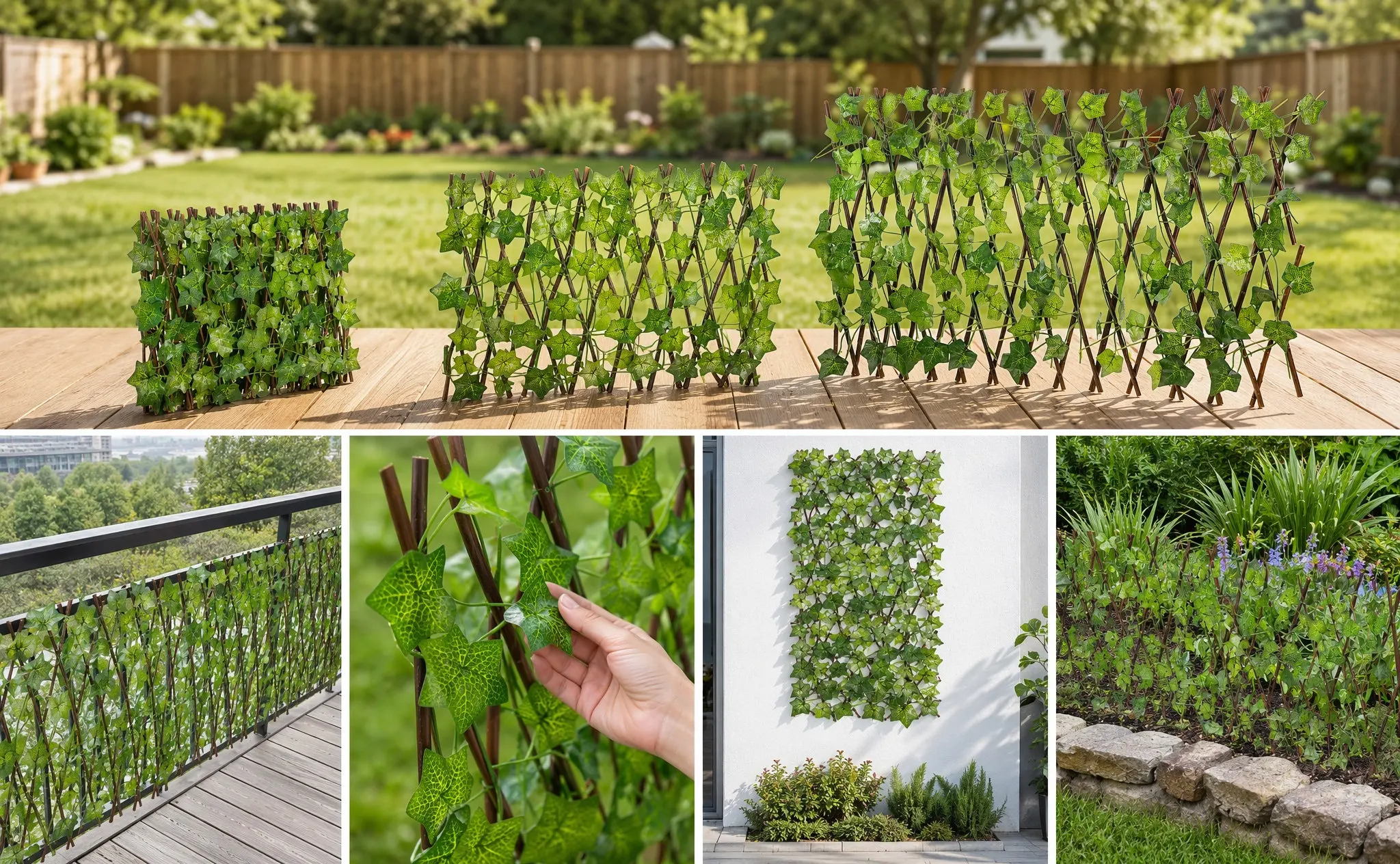 Expandable Wooden-Style Artificial Plant Fence Retractable Privacy Screen for Outdoor Garden Yard Balcony Decoration Faux Leaves
