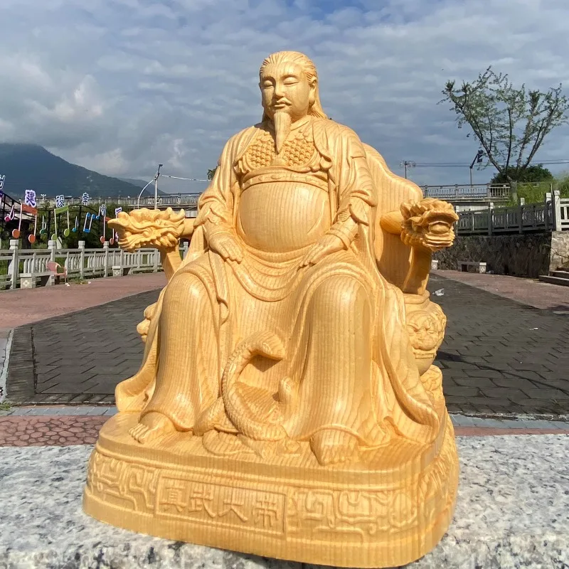 Zen Solid Wood God Statue, Hand-Carved Xuan Tian Shang Di Figurine, Heiboku True Martial Emperor Feng Shui Decor