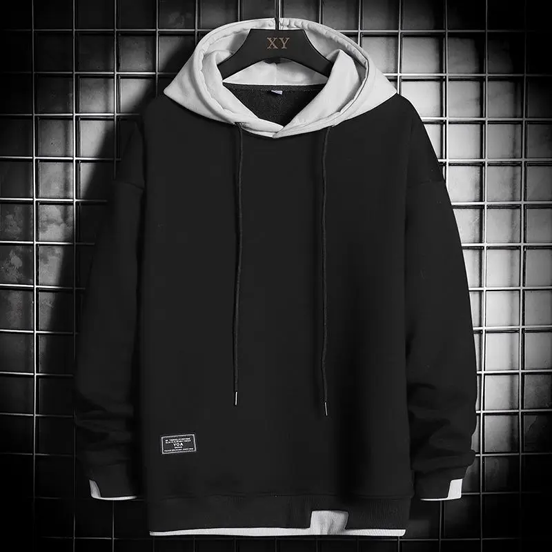 Fake Two-piece Hoodie Men's Autumn Winter New Youth Trend Hooded Drawstring Solid Color Long Sleeve Pullover Patchwork Slim Tops